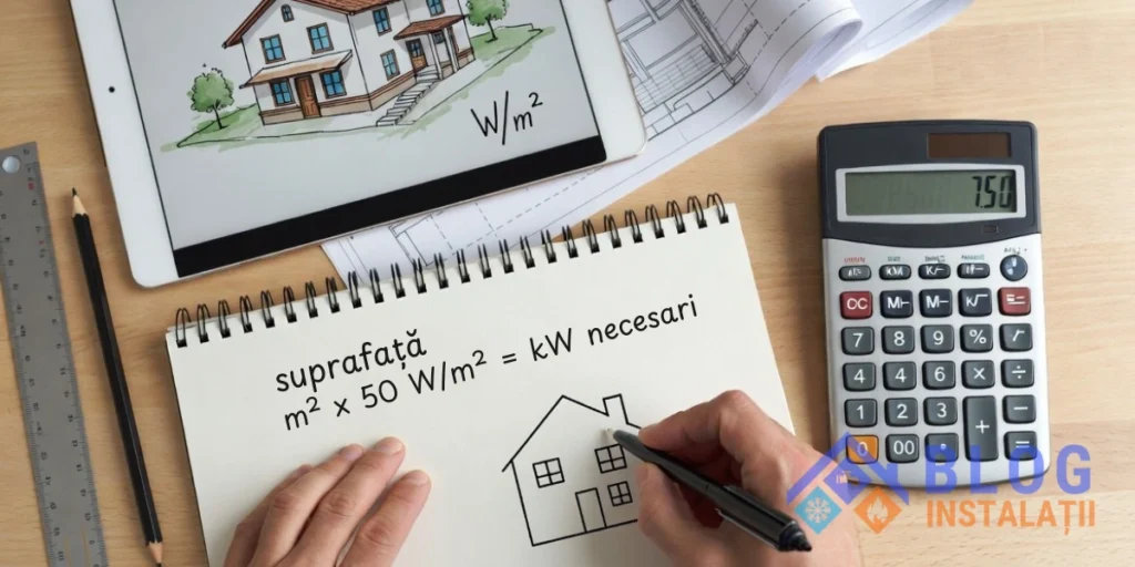 Calcul necesar termic pentru dimensionarea pompei de căldură folosind formula 50 W pe metru pătrat