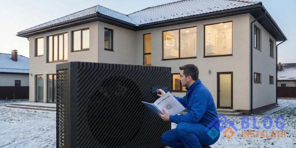Pompă de căldură de 15–22 kW instalată la o casă mare cu multe băi și necesar termic ridicat