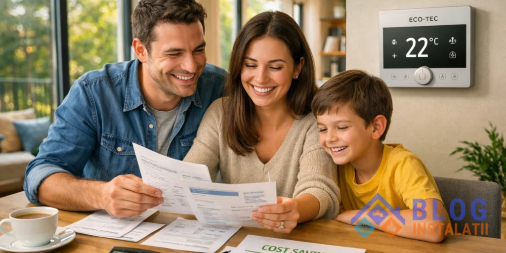O familie analizează facturile reduse la energie lângă un termostat ECO-TEC setat la 22°C, simbolizând confortul și economia.