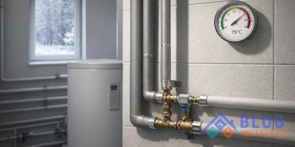 Cameră tehnică modernă cu conducte pentru radiatoare și termometru indicând ~75°C pe tur, iarna.